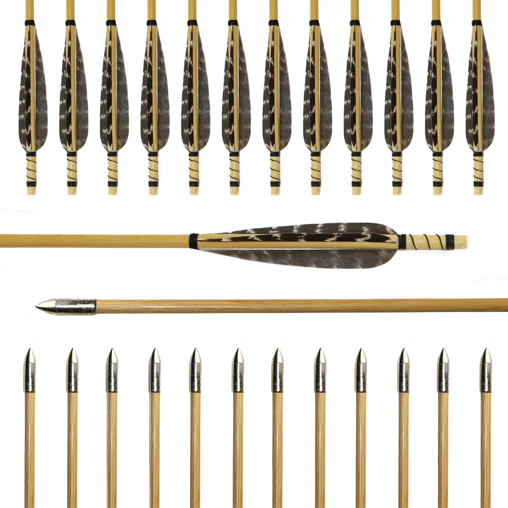 Pena de Madeira Tiro com Arco Polegada Diâmetro 8.5mm Madeira Seta Turquia Setas Prática Aço Prata Arrowhead 6 Pçs 31.5