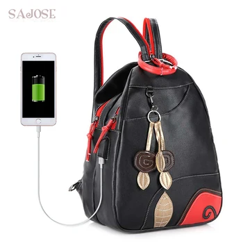 

Backpack School Women Fashion Leather Preppy Style Women's Shoulder Bag Girls Black Pendant Lady Multi-Functional USB Chest Bag
