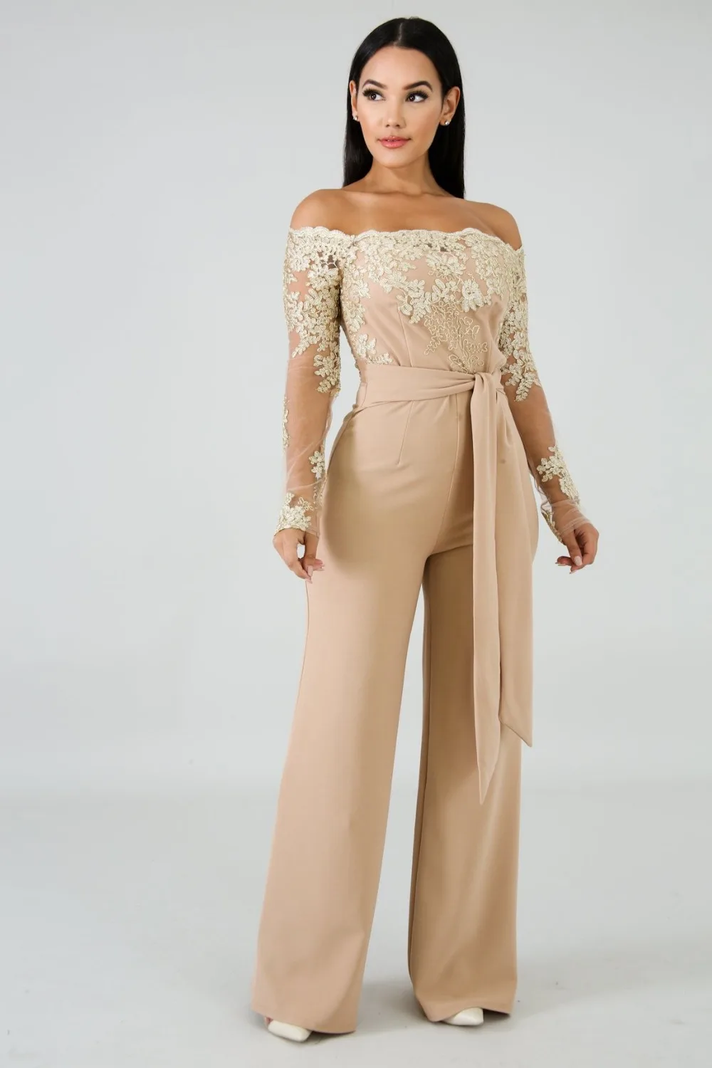 Women's Sexy Embroidery Lace Jumpsuit Beige Model Display