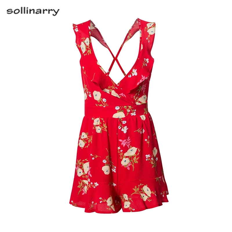 Sollinarry Lace up bow backless red floral print romper Ruffles women playsuits Summer beach short jumpsuits Sexy V neck rompers