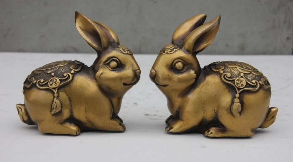 Chinese Bronze Copper Auspicious Blessing Rabbit Hare Rabbit Coney Pair