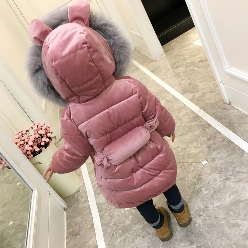 girls winter jacket coat baby bebe children kids velvet tops parka long snowsuit down cotton pad clothes pink fur collar hood