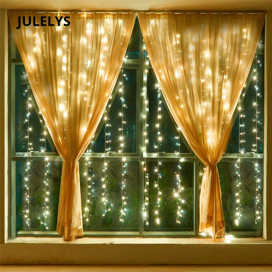 JULELYS 3x2,5 м, 240 лампочек, светодиодный светильник для занавесок, Рождественская гирлянда, окно, наружный светодиодный светильник, украшение для свадьбы, праздника, вечеринки