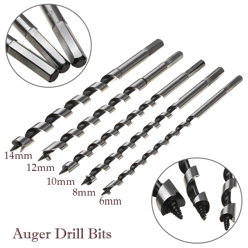 5pcs/Set High Carbon Steel Auger Drill Bit Hexagonal Shank HCS 6/8/10/12/14mm Drilling Tool Bits
