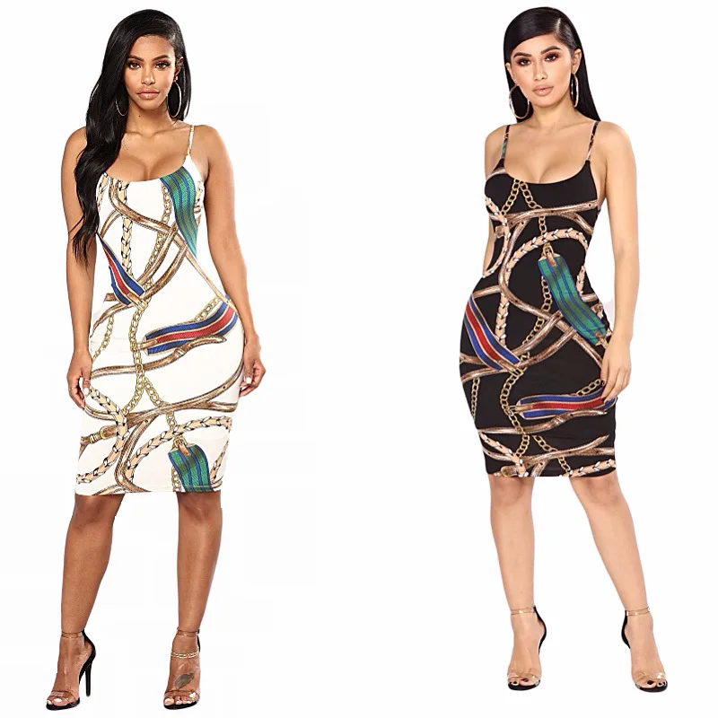 

New Summer Print Ladies Dress Sexy Nightclub Spaghetti Strap Short Dress Slim Chain Print Belt Bodycon backless wrap mini dress