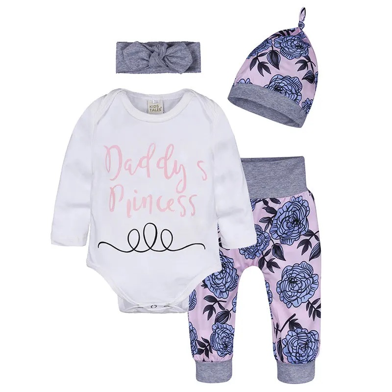 Cute Baby Girl Clothes Set 4Pcs Romper Flower Pants Newborn Baby Gift