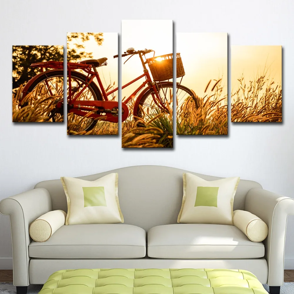 5P0111 Wall Art Canvas HD Prints Painting Home Decor 5 Pieces Sunrise Bicycle Dandelion Pictures Wheat Field Landscape Poster Framework  (21)