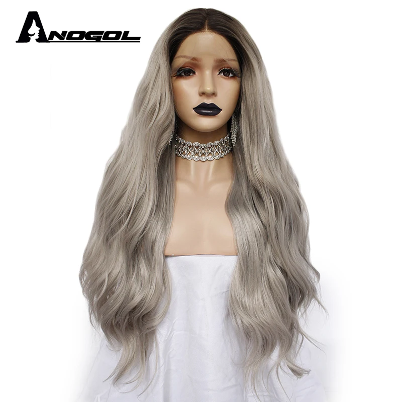 

Anogol Long Body Wave Ombre Dark Roots Ombre Grey Wigs Synthetic Lace Front Wig Heat Resistant Wig 180% Density For Black Women