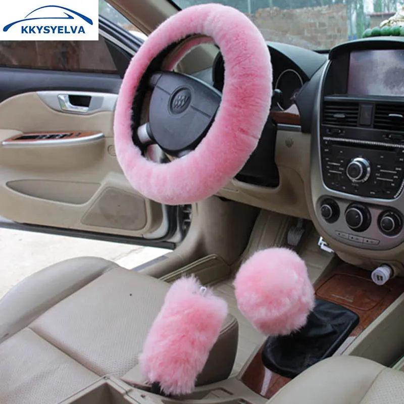 

KKYSYELVA Pink Car steering wheel cover Winter Handbrake Gear Shift Cover Plush Auto Steering wheels Interior Accessories