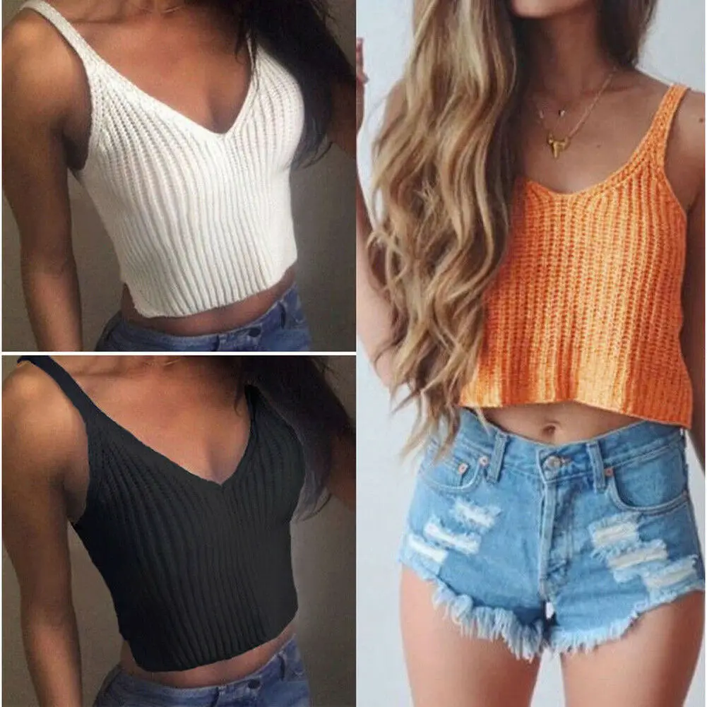 

Women V Neck Knit Tank Tops Boho Off Shoulder Sleeveless Slim Top Casual Solid Color Short Tank Top