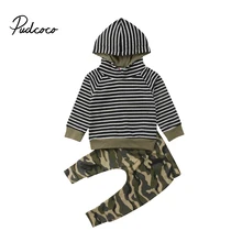 Toddler Kids Baby Boy Clothes Hooded Stripe Top T Shirt Camouflage Pants Outfits Clothing Set