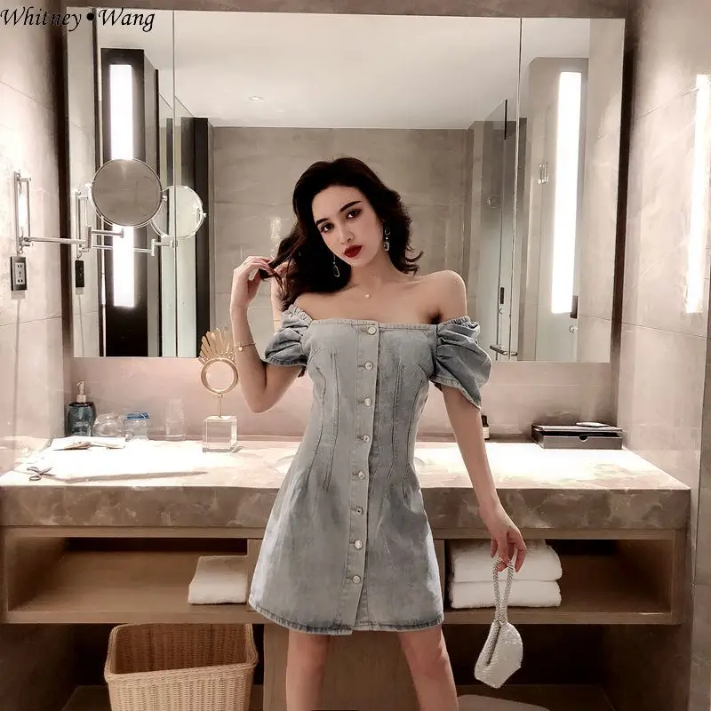 

WHITNEY WANG Summer Dress 2019 Fashion Streetwear Vintage Square Collar Puff Sleeve Denim Dress Women Jean Dress