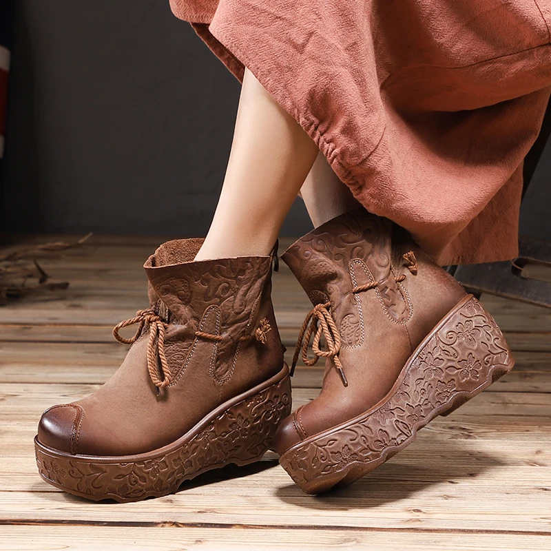 

String Design Floral Lady Booties Genuine Leather Women Wedge Boots Ankle Retro Comfortable Lady High Platform Shoes