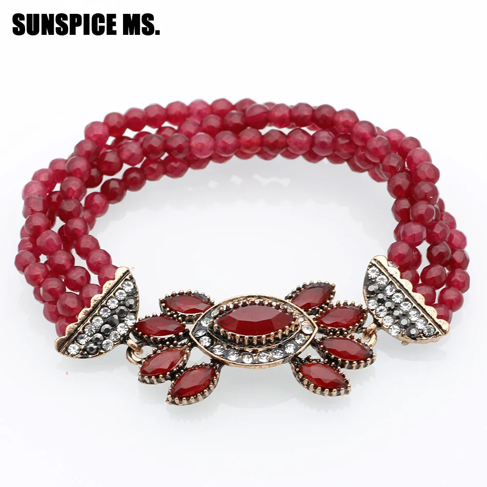 

SUNSPICE MS. Luxury Red Natural Stone Bracelet Antique Gold Color Crystal Vintage Bracelets Women Bridal Gift Turkish Jewelry