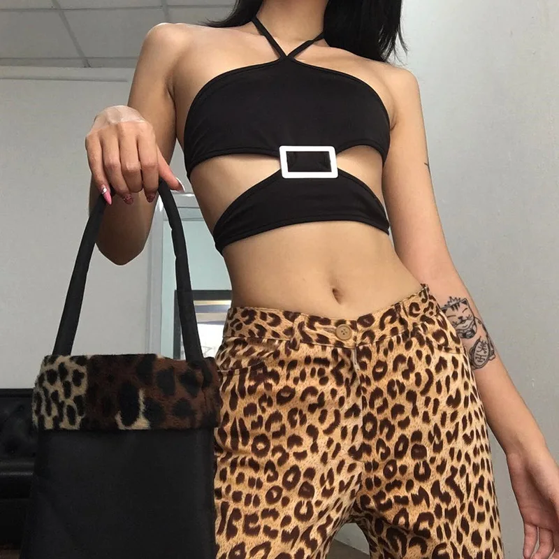 

2019 Summer New Women Black Sexy Hollow Out Metal Halter Inside Tank Casual Backless Lace Up Short Lady Crop Top F4