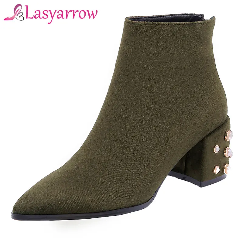 

Lasyarrow 2018 Faux Suede Rivets Pointed Toe Zipper Fashion Black High Heels Women Ankle Boots Autumn Winter Botas Mujer F763