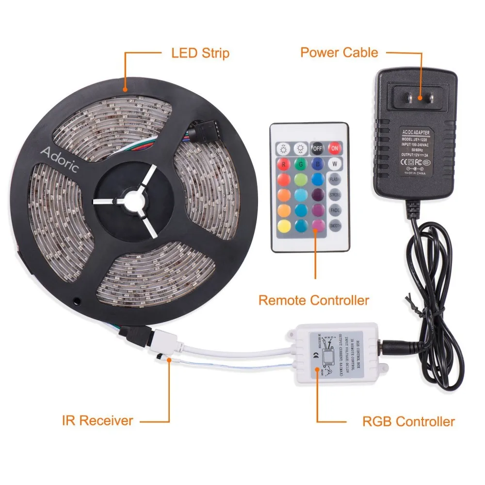RGB 3528 DC 12 В светодиодный светильник водонепроницаемый 5 м 300 светодиодный гибкий сменный светильник+ 24key ИК пульт дистанционного управления+ 2A адаптер питания