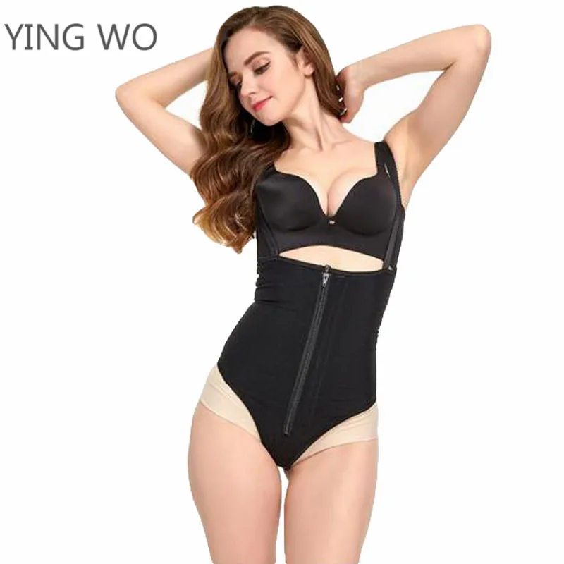 

Black Underbust Plus Size Bodysuit Waist Control Slimming Body Shaper With Zipper Compression Body Building Shapewear in Thong
