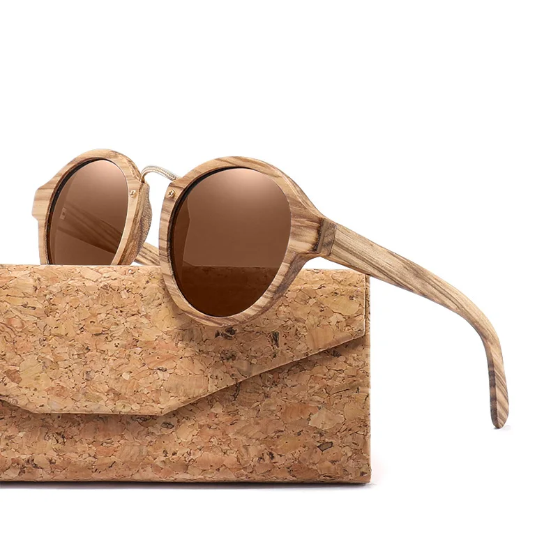 Зебра деревянные солнцезащитные очки для мужчин и женщин ретро круглые солнцезащитные очки поляризационные линзы UV400 с Чехол - Цвет линз: Brown lens