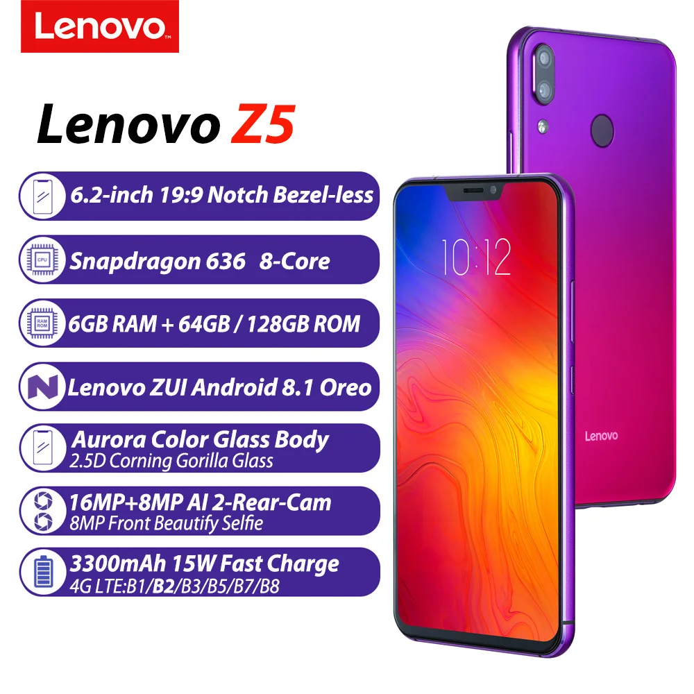 Lenovo Z5 6GB 64GB Snapdragon 636 Octa Core Mobile Phone 19:9 Full Screen 6.2'' Android 8.1 16MP+8MP Dual Rear Camera Smartphone Lenovo Z5 6GB 64GB Snapdragon 636 Octa Core Mobile Phone 19:9 Full Screen 6.2'' Android 8.1 16MP+8MP Dual Rear Camera Smartphone
