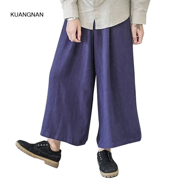 High Quality Linen Men Casual Pant Wide Leg Skirt Trouser Male Fashion