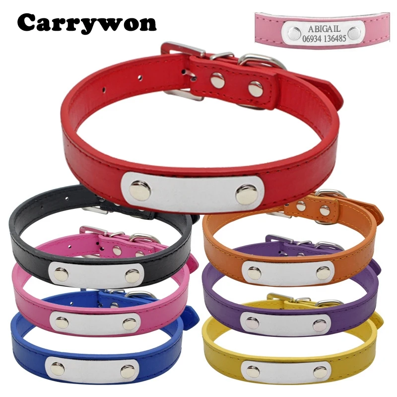 

Carrywon Pets Dog Cat Anti-lost Leather ID Collars Engraving Text on Stainless Steel Pet Name Tags Free Customized Address Board