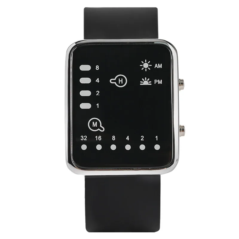 

Fashion Men LED Watch Blue Display Unique Binary Dial Creative Geek Digital Wristwatch Soft Silicone Band Sport Backlight Clock