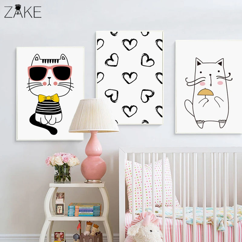 

Cartoon Kawaii Nursery Cat Baby Wall Art Canvas Poster Print Woodland Painting Decorative Picture Nordic Kids Bedroom Decoration
