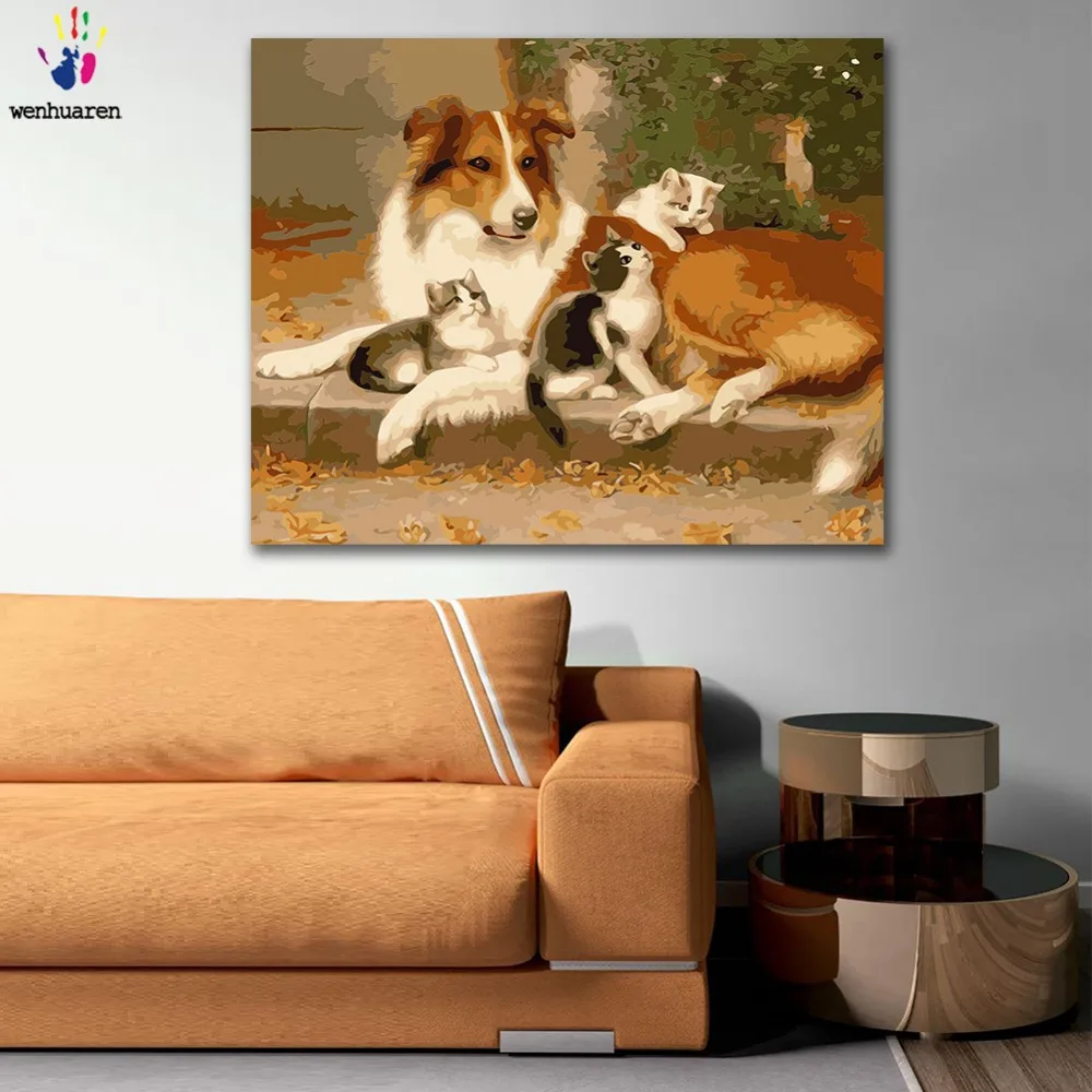 

DIY colorings pictures by numbers with colors Kitten playing on golden retriever picture drawing painting by numbers framed Home