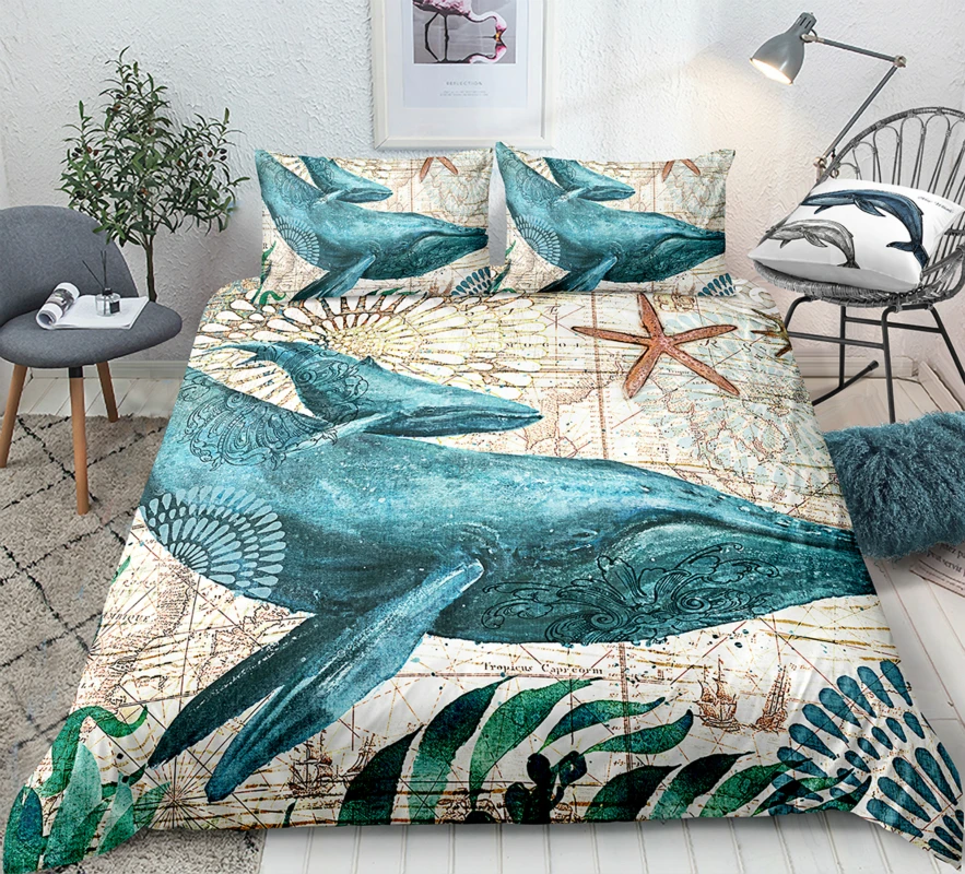 Кит постельное белье набор океан домашний текстиль Бирюзовый морской пододеяльник набор Средиземноморский стиль пододеяльник морской Кит одеяло