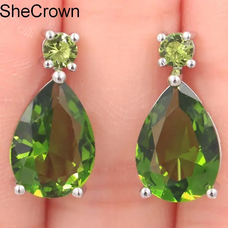 

Beautiful Green Peridot SheCrown Woman's Present Silver Earrings 20x10mm