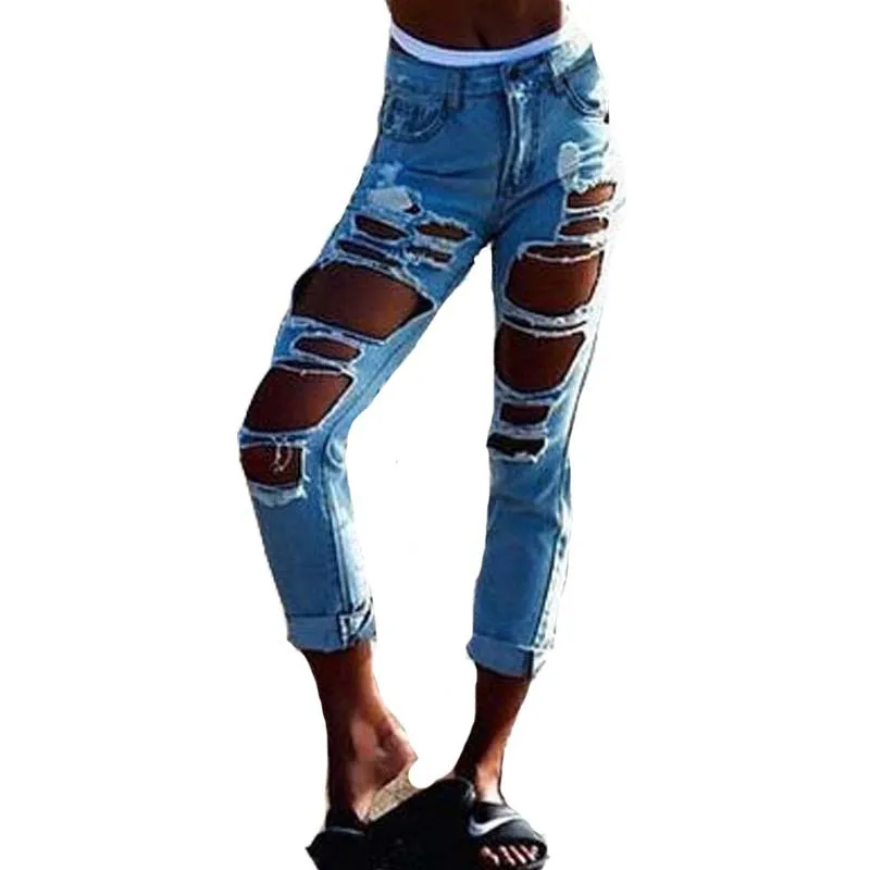 New 2015 Big Hole Denim Trousers Street Holes Jeans Knee Ripped Blue ...