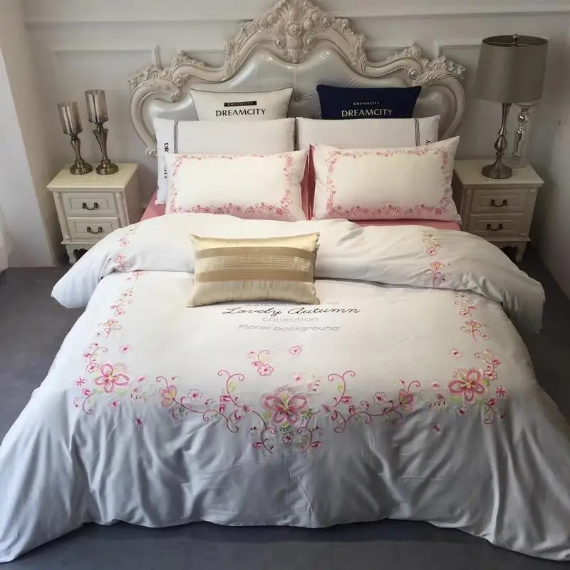

Pink white luxury Bedding Set king queen size bed set embroidery Egyptian Cotton Bedsheets linen set Duvet Cover pillowcase