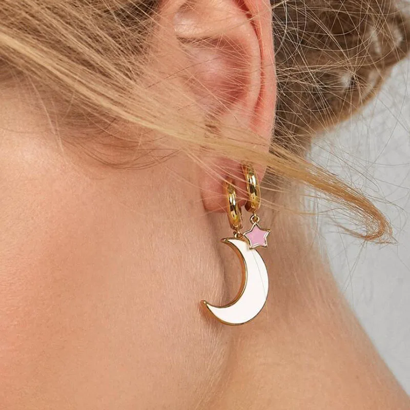 

Summer Jewelry Trendy Enameled Moon Star Drop Earring Mini Pendant Charm Earrings for Women