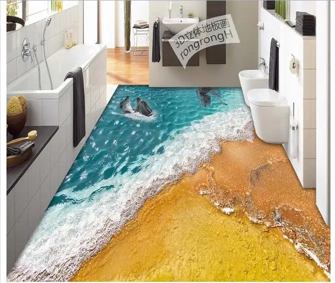 

Custom photo Waterproof floor wallpaper 3 d sand dolphins floor 3d mural PVC wallpaper self-adhesion floor wallpaer
