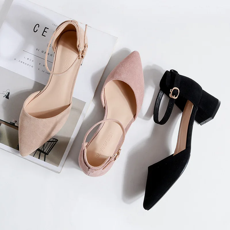 

2019 autumn new fashion simple solid color high heel women suede comfortable wild point toe head toe casual high heels