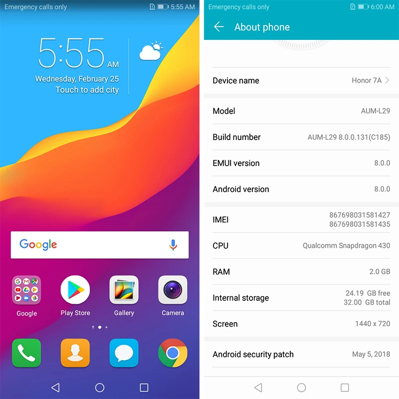 Глобальная ПЗУ оригинал Honor 7A 5 7 дюймов Snapdragon 430 четыре ядра двойная камера
