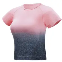 Женские Бесшовные рубашки для йоги, градиентный короткий рукав, укороченный топ, базовые рубашки с овальным вырезом для женщин, спорт, фитнес, тренажерный зал Топ для тренировок