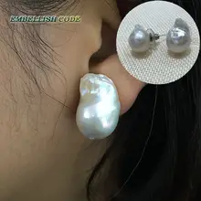 Tejido nucleados barroco estilo de llama bola forma de la perla stud pendientes más tamaño natural perlas de agua dulce con plata 925 Especial