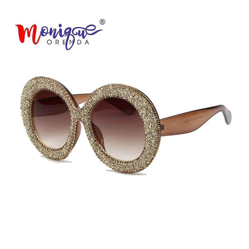 2019 New Luxury Oversized Sunglasses Women Vintage Rhinestones Sun Glasses Round Frame Gradient Mirror Shades for Women Oculos