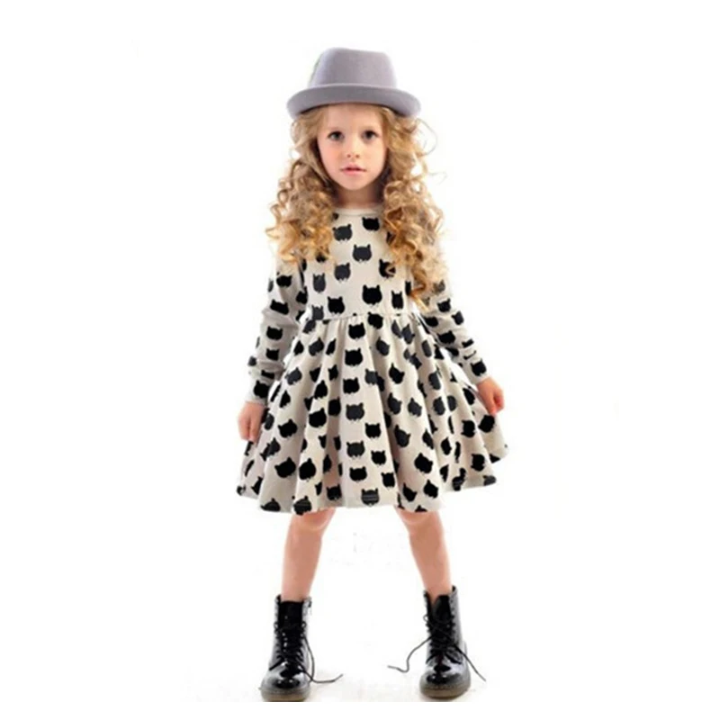 

Baby girls dress new fashion black cat printing long sleeve casual knitted cotton princess dress  kids clothes free shipping