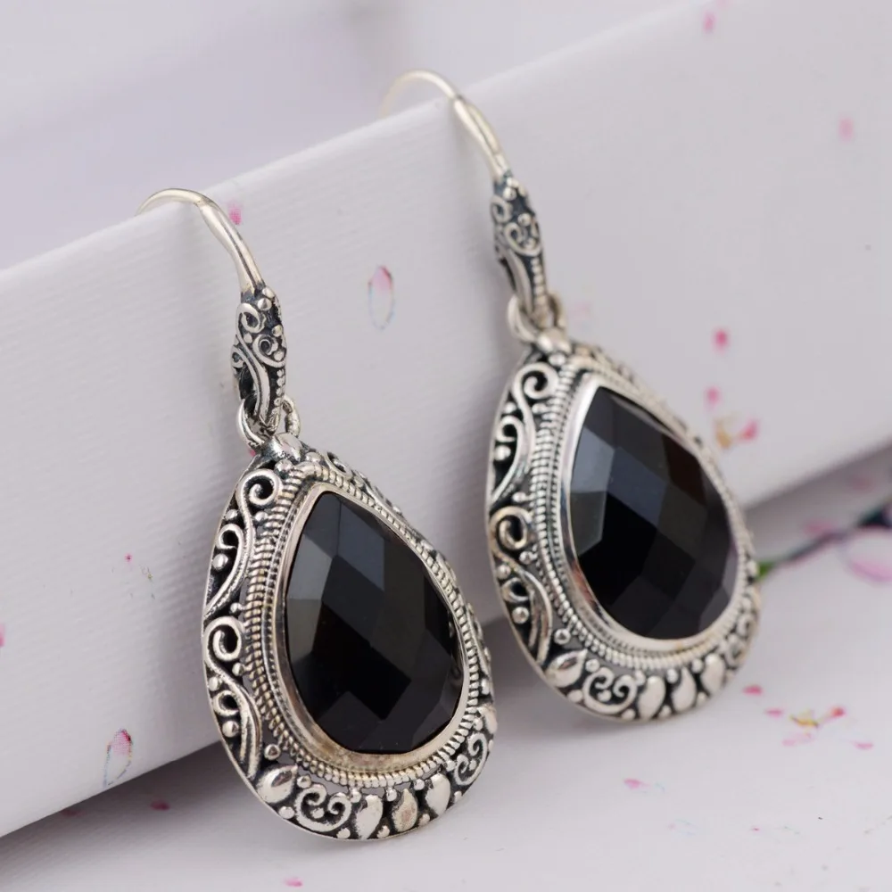 BESTLYBUY Oval Black Onyx Vintage Style 925 Sterling Silver Drop Earrings For Women Wedding