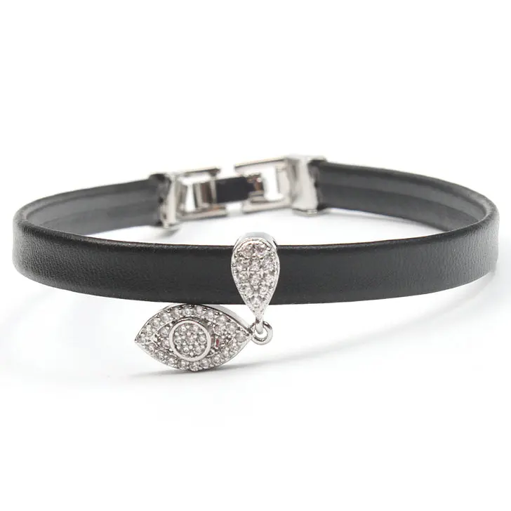 Micro Pave Clear CZ Evil Eye Шарм с бахромой 8*1 мм кожаный шнур сложить застежка браслет ювелирные изделия около 8 дюймов - Окраска металла: Silver