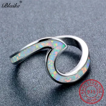 

Blaike 100% Solid S925 Sterling Silver Wave Rings For Women Men White/Blue Fire Opal Ring Female Rainbow Birthstone Fine Jewelry