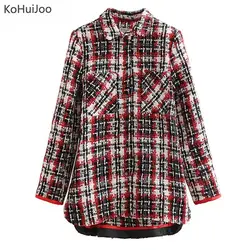KoHuiJoo для женщин рубашка куртка весна осень отложной воротник однобортный дамы Твид куртки мода с длинным рукавом клетчатое пальто