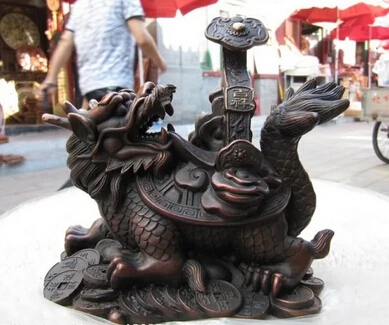 

RHS0244 China Refined Red Bronze Copper Fengshui Carved Dragon tortoise Play RuYi statue