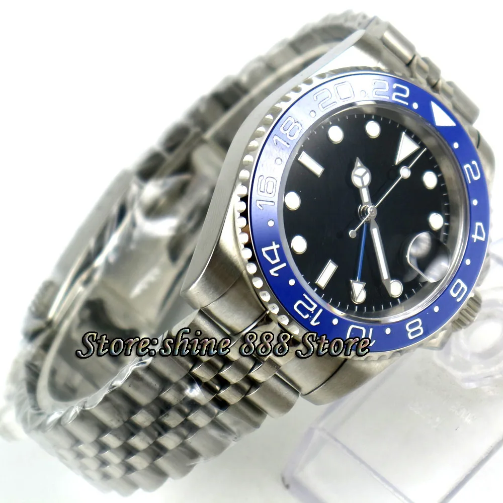 

40mm PARNIS black sterile dial Blue ceramic bezel Jubilee steel strap Sapphire Blue GMT automatic mens watch
