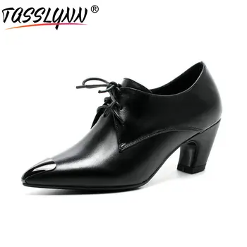 

TASSLYNN 2019 Women Pumps Hoof High Heels Lace Up Pointed Toe Spring and Autumn Western Style Punk Ladies Shoes Size 34-43