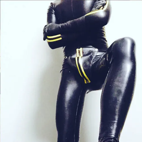 

New Rubber Latex Men Suit Yellow and Black Tight Catsuit Size XXS-XXL