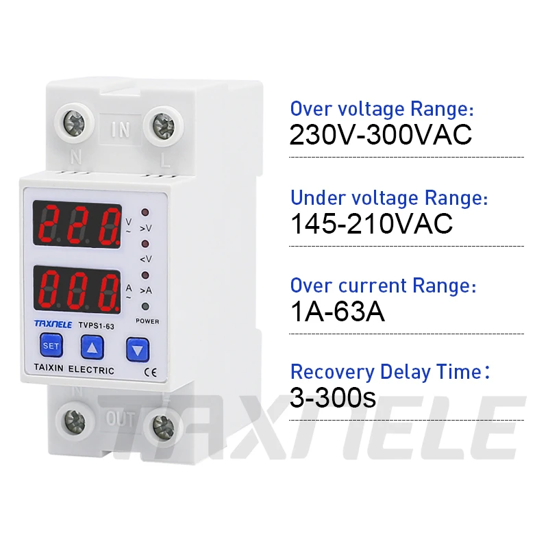 

Din rail adjustable 63A 230V over under voltage protective device protector relay with over current protection